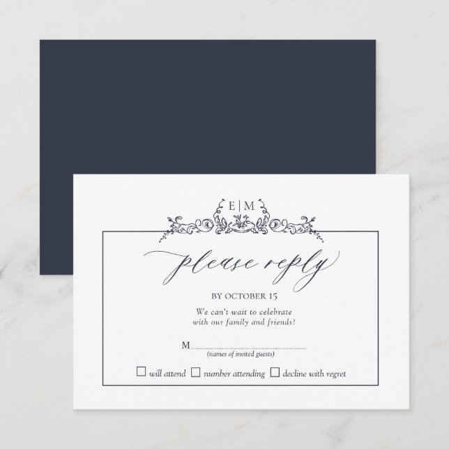 Navy Blue Floral Border Monogram Wedding RSVP Card (Front/Back)