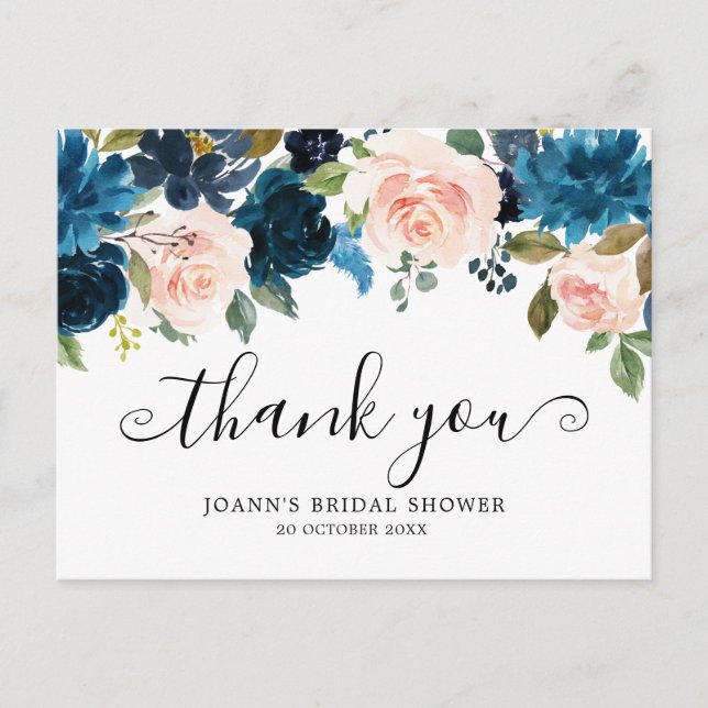 Navy Blue Floral Botanical Bridal Shower Thank you Postcard (Front)