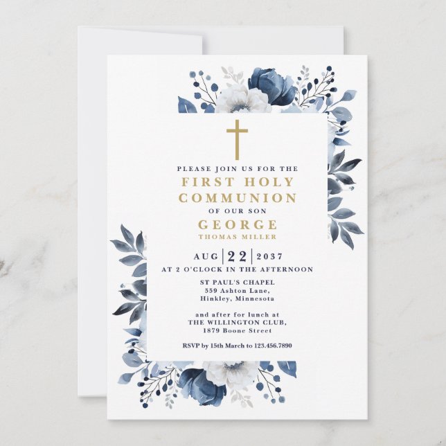 Navy Blue Floral Botanical First Holy Communion Invitation (Front)