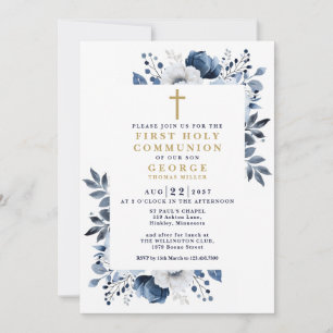 Navy Blue Floral Botanical First Holy Communion Invitation