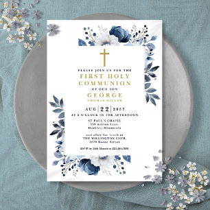 Navy Blue Floral Botanical First Holy Communion Invitation