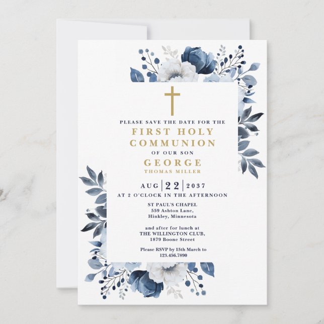 Navy Blue Floral Botanical First Holy Communion Save The Date (Front)