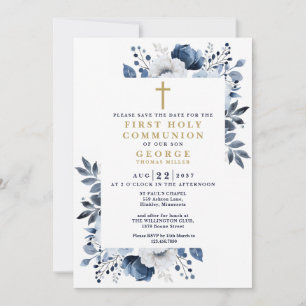 Navy Blue Floral Botanical First Holy Communion Save The Date