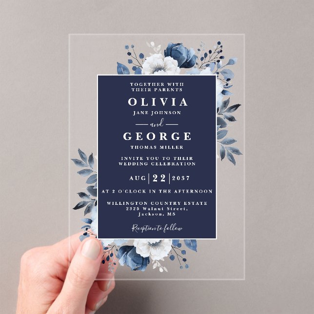 Navy Blue Floral Botanical Modern Wedding Acrylic Invitations (Insitu (Handheld))