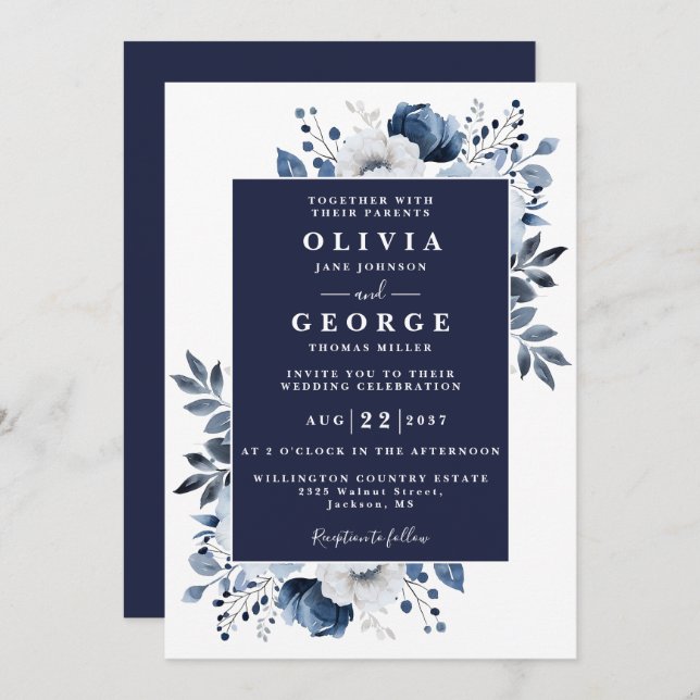 Navy Blue Floral Botanical Modern Wedding Invitation (Front/Back)