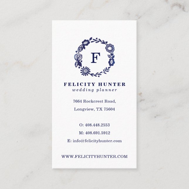 Navy Blue Floral Botanical Monogram Wreath Business Card (Front)