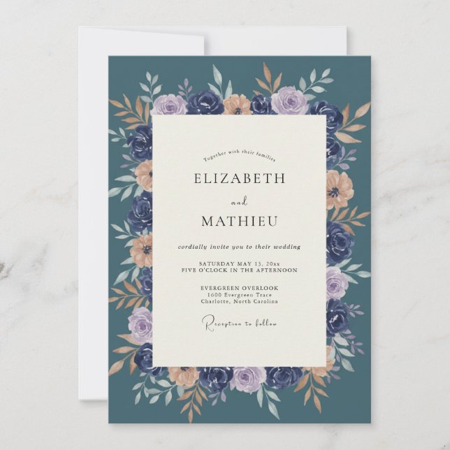 Navy Blue Floral Botanical Wedding Invitation (Front)