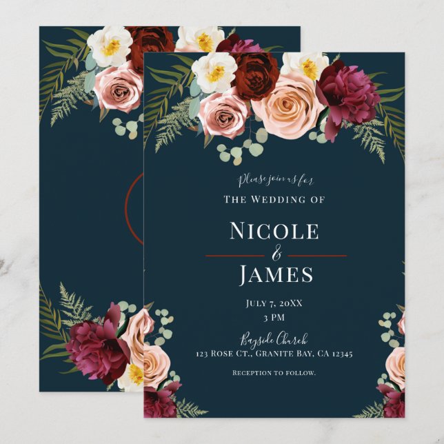 Navy Blue Floral Bouquet Greenery Wedding Invitation (Front/Back)
