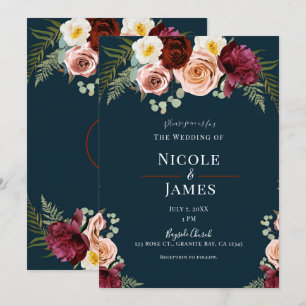 Navy Blue Floral Bouquet Greenery Wedding Invitation