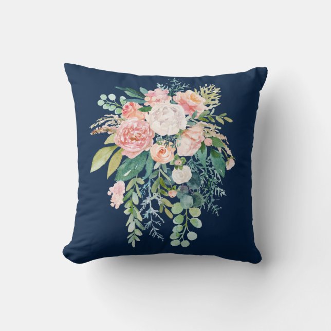 Navy Blue Floral Bouquet Pillow (Front)