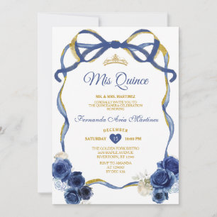 Navy Blue Floral Bow Frame Gold Crown Mis Quince Invitation