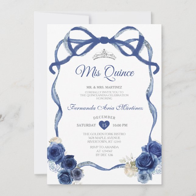 Navy Blue Floral Bow Frame Silver Crown Mis Quince Invitation (Front)