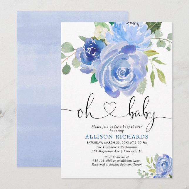 Navy blue floral boy baby shower watercolors invitation (Front/Back)