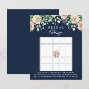 Navy Blue Floral Bridal Shower Bingo Game Card 