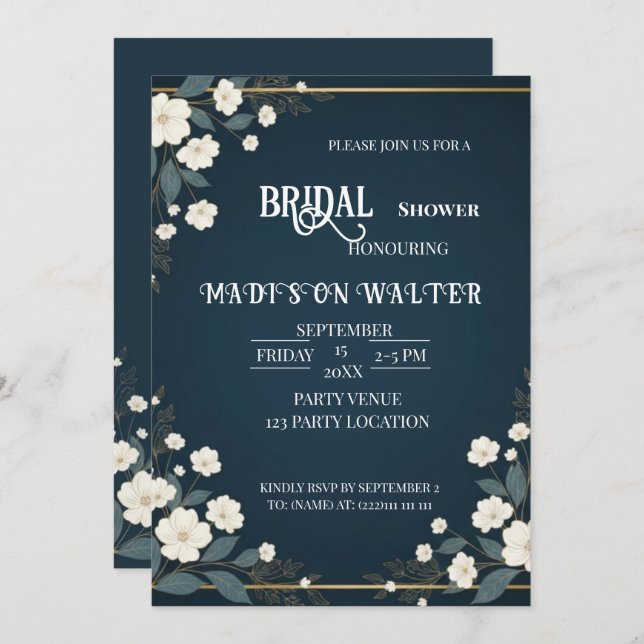 Navy Blue Floral Bridal Shower Invitation (Front/Back)