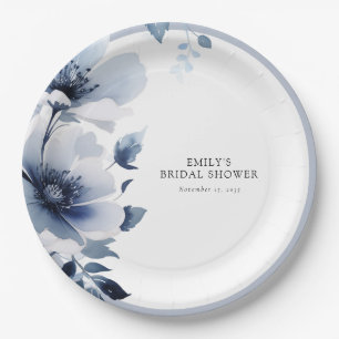 Navy Blue Floral Bridal Shower Paper Plate