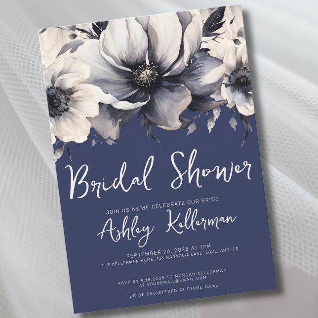 Navy Blue Floral Bridal Shower Party Invitation (Watercolor Floral Navy Blue Bridal Shower Party Invitation)