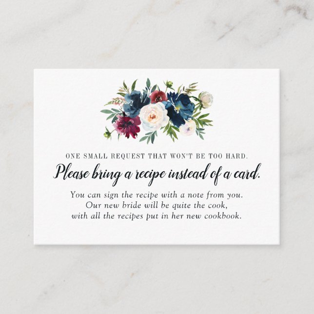 Navy Blue Floral Bridal Shower Recipe Card Request (Front)