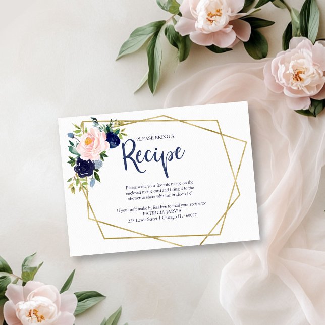 Navy Blue Floral Bridal Shower Recipe Request Enclosure Card (Creator Uploaded)