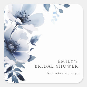 Navy Blue Floral Bridal Shower Square Sticker