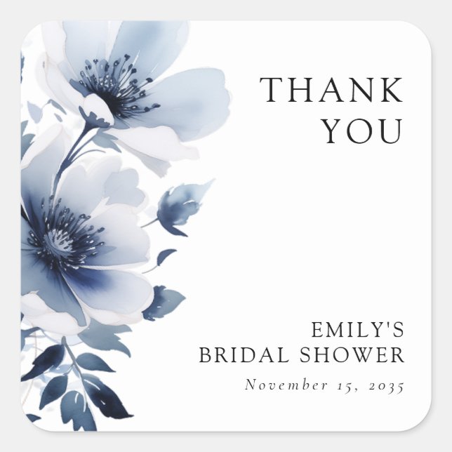 Navy Blue Floral Bridal Shower Square Sticker (Front)