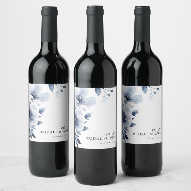Navy Blue Floral Bridal Shower Wine Label (Bottles)