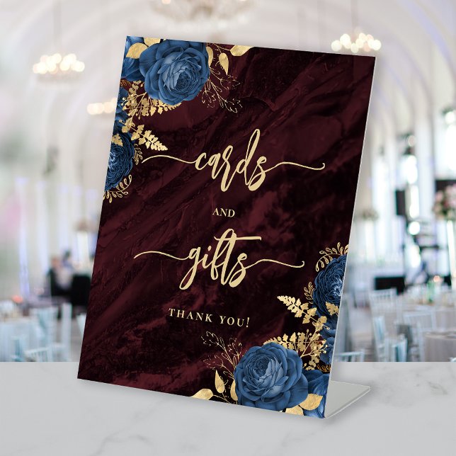 Navy Blue Floral Burgundy Wedding Cards Gifts Pedestal Sign (Creator Uploaded)