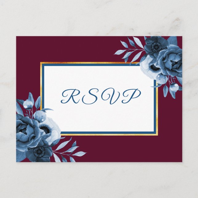 Navy blue floral burgundy white RSVP wedding Invitation Postcard (Front)