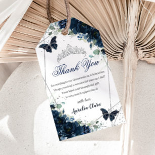 Navy Blue Floral Butterflies Quince 16th Birthday  Gift Tags