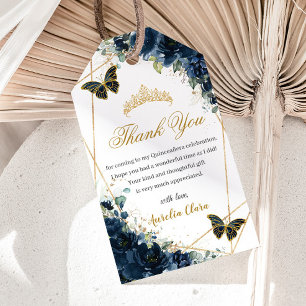 Navy Blue Floral Butterflies Quince 16th Birthday Gift Tags