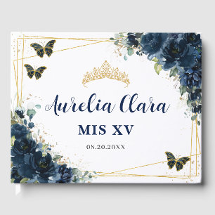 Navy Blue Floral Butterflies QUINCEAÑERA Mis XV  Guest Book