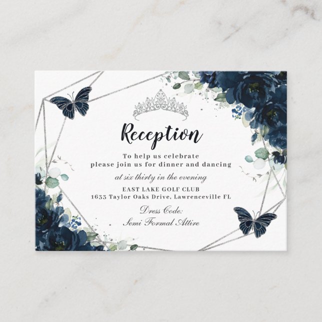 Navy Blue Floral Butterflies Quinceañera Reception Enclosure Card (Front)