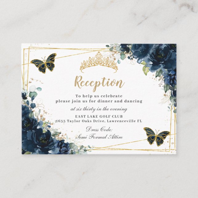 Navy Blue Floral Butterflies Quinceañera Reception Enclosure Card (Front)