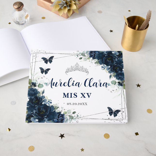 Navy Blue Floral Butterflies Silver Quinceanera 15 Guest Book (Front Open)