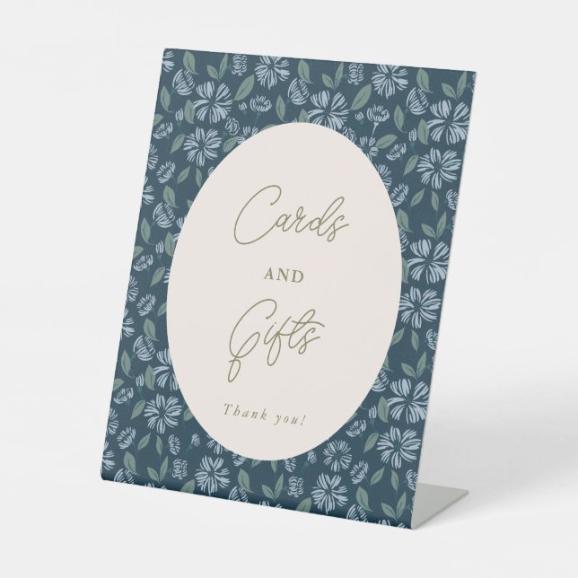 Navy Blue Floral Cards and Gifts Pedestal Sign (Front)