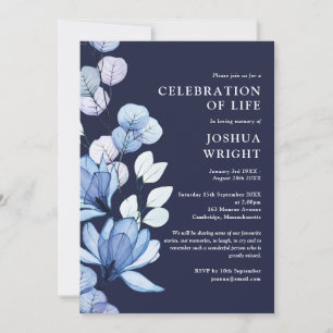 Navy Blue Floral Celebration Of Life Funeral Invitation