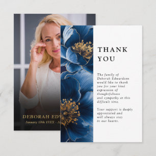 Navy Blue Floral Celebration Of Life Funeral Photo Thank You Card