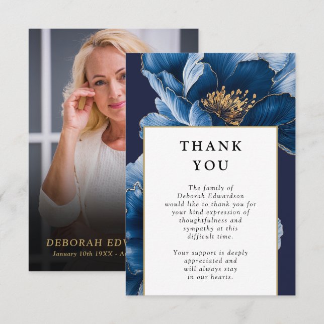 Navy Blue Floral Celebration Of Life Funeral Photo Thank You Card (Front/Back)