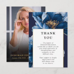 Navy Blue Floral Celebration Of Life Funeral Photo Thank You Card