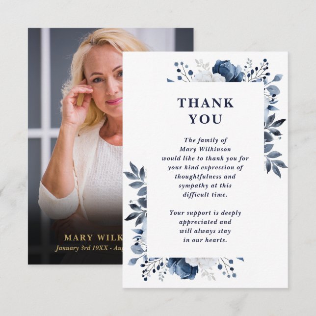 Navy Blue Floral Celebration Of Life Funeral Photo Thank You Card (Front/Back)