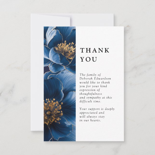Navy Blue Floral Celebration Of Life Funeral Thank You Card (Front)
