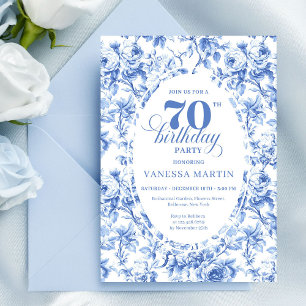 Navy Blue Floral Chic 70th Birthday Invitation