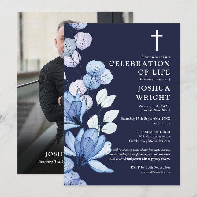 Navy Blue Floral Christian Memorial Funeral Photo Invitation (Front/Back)
