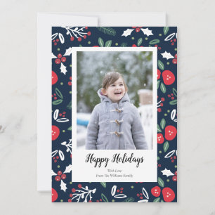 Navy Blue Floral Christmas Photo Cards
