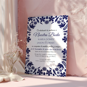 Navy Blue Floral Classic Aesthetic Spanish Wedding Invitation