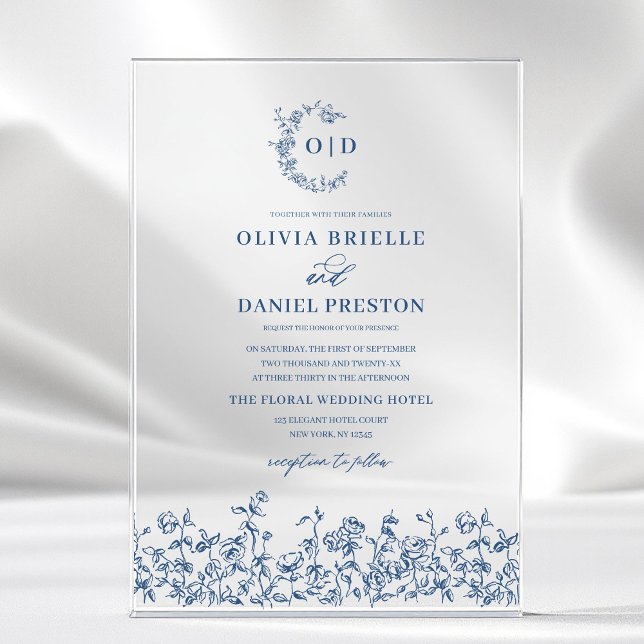 Navy Blue Floral Crest Monogram Wedding Elegant Acrylic Invitations (Creator Uploaded)