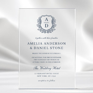 Navy Blue Floral Crest Monogram Wedding Elegant Acrylic Invitations