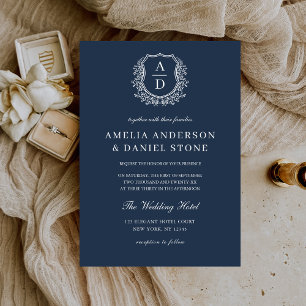 Navy Blue Floral Crest Monogram Wedding Elegant Invitation