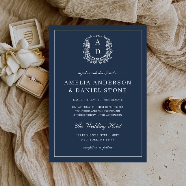 Navy Blue Floral Crest Monogram Wedding Elegant Invitation (Creator Uploaded)