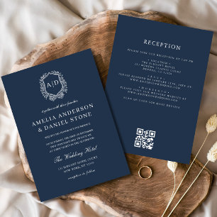 Navy Blue Floral Crest Monogram Wedding QR Code Invitation